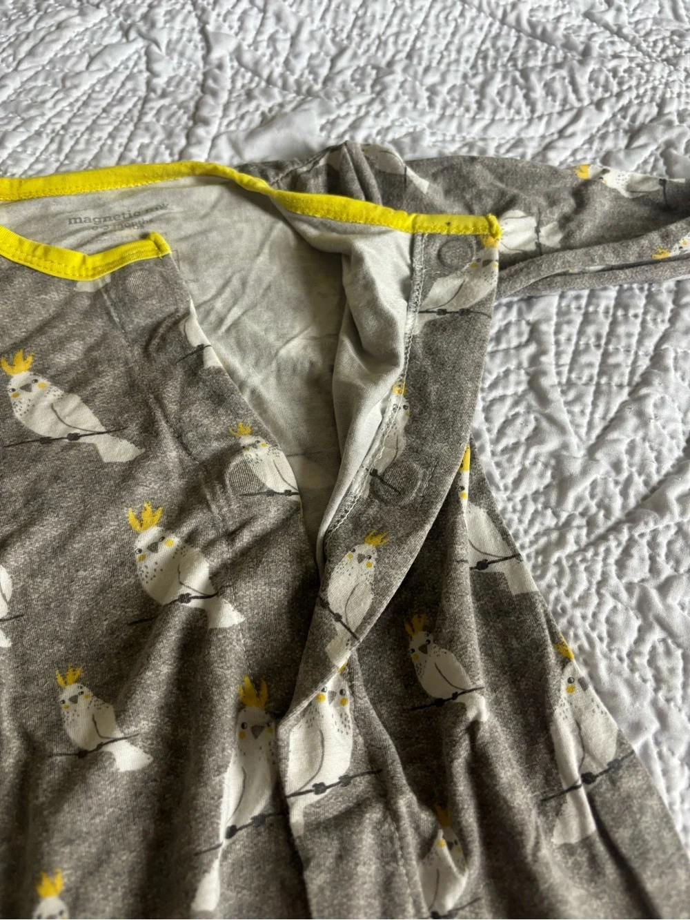 Magnetic Me Gray One-Piece Footie with Yellow Trim and Cockatoo Print